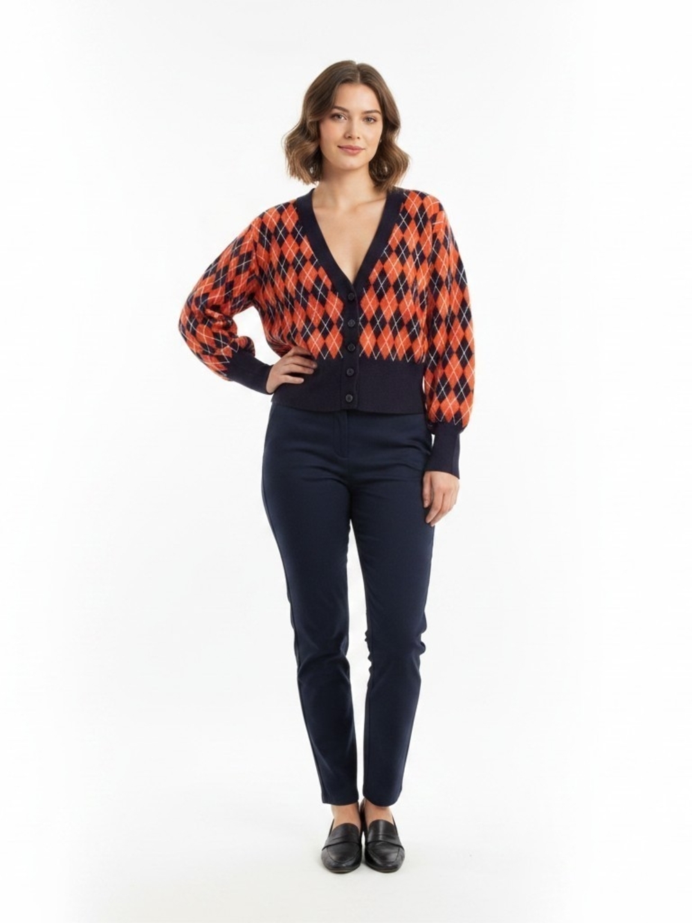 Maeve by Anthropologie Argyle Balloon Sleeve Cardigan Sweater Red Navy L
